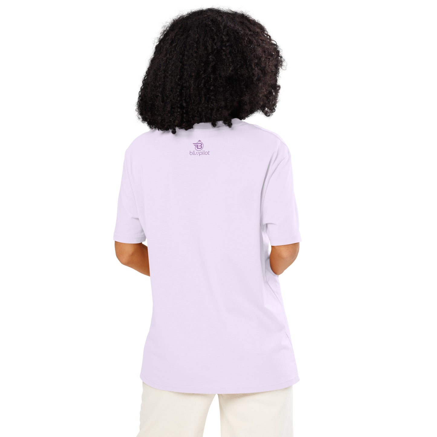 TFU Total Unit organic cotton Lavender tee with red heart graphic – back view on female model