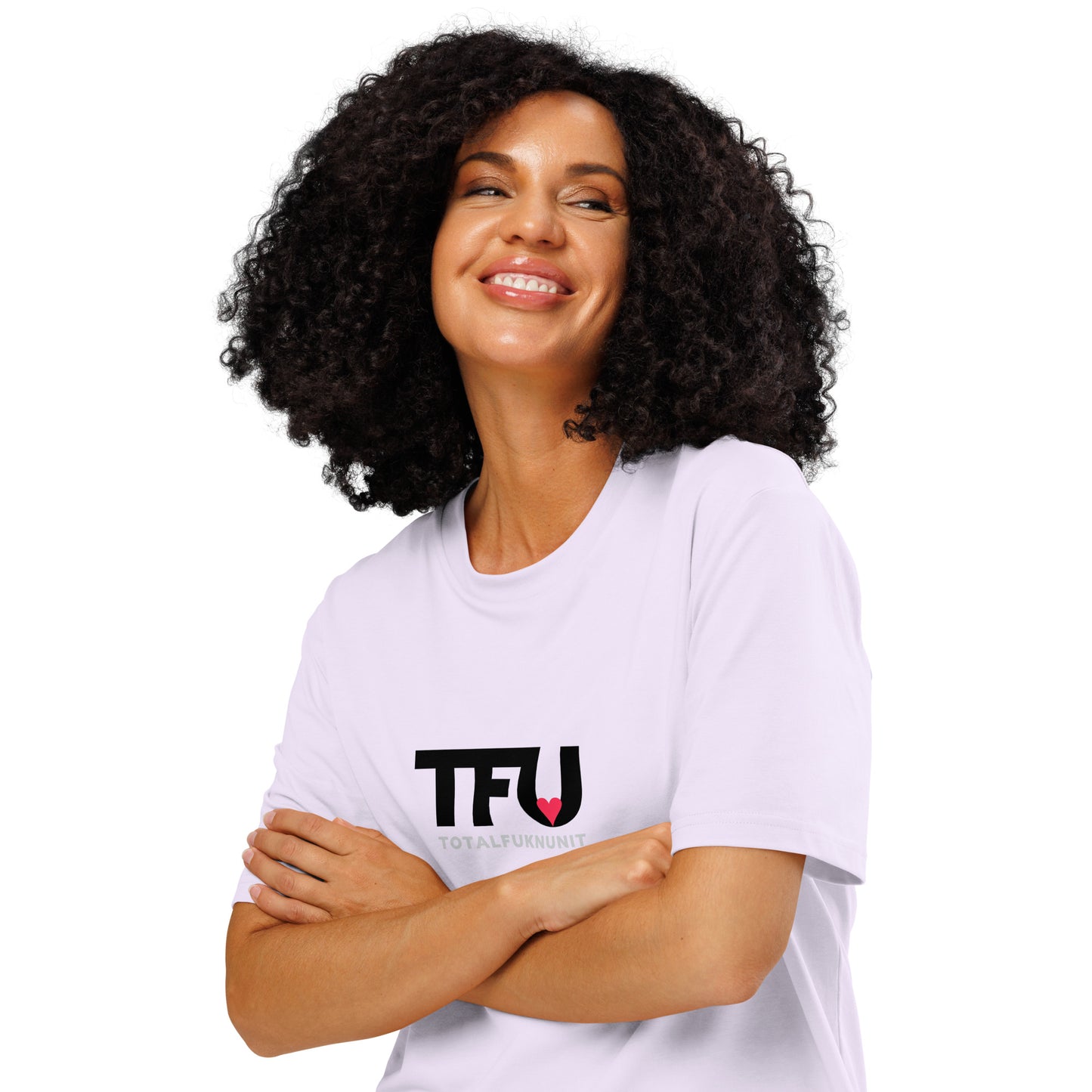 TFU Total Unit organic cotton Lavender tee with red heart graphic – front view on woman with crossed arms