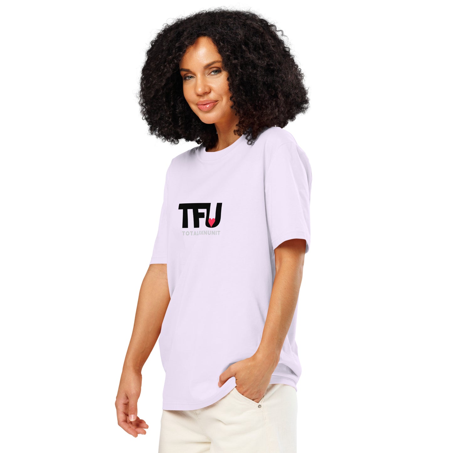 TFU Total Unit organic cotton Lavender tee with red heart graphic – quarter turn on woman