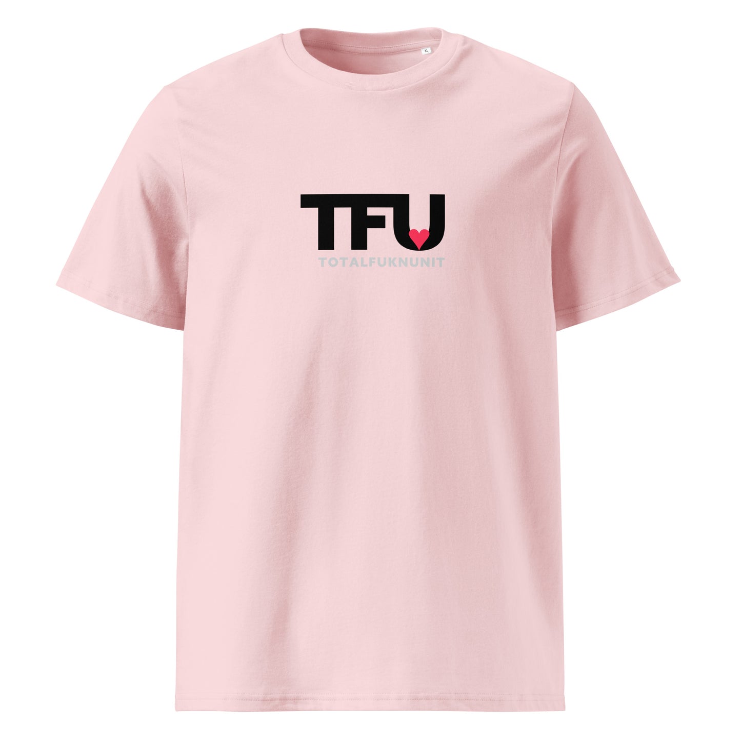 TFU Total Unit organic cotton Pink tee with red heart graphic – front view