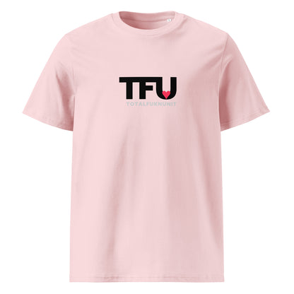 TFU Total Unit organic cotton Pink tee with red heart graphic – front view