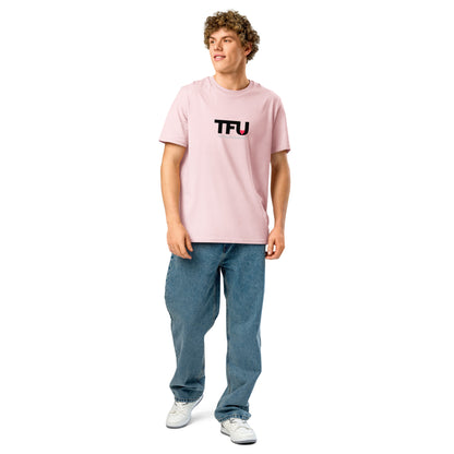 TFU Total Unit organic cotton Pink tee with red heart graphic – full view on male model