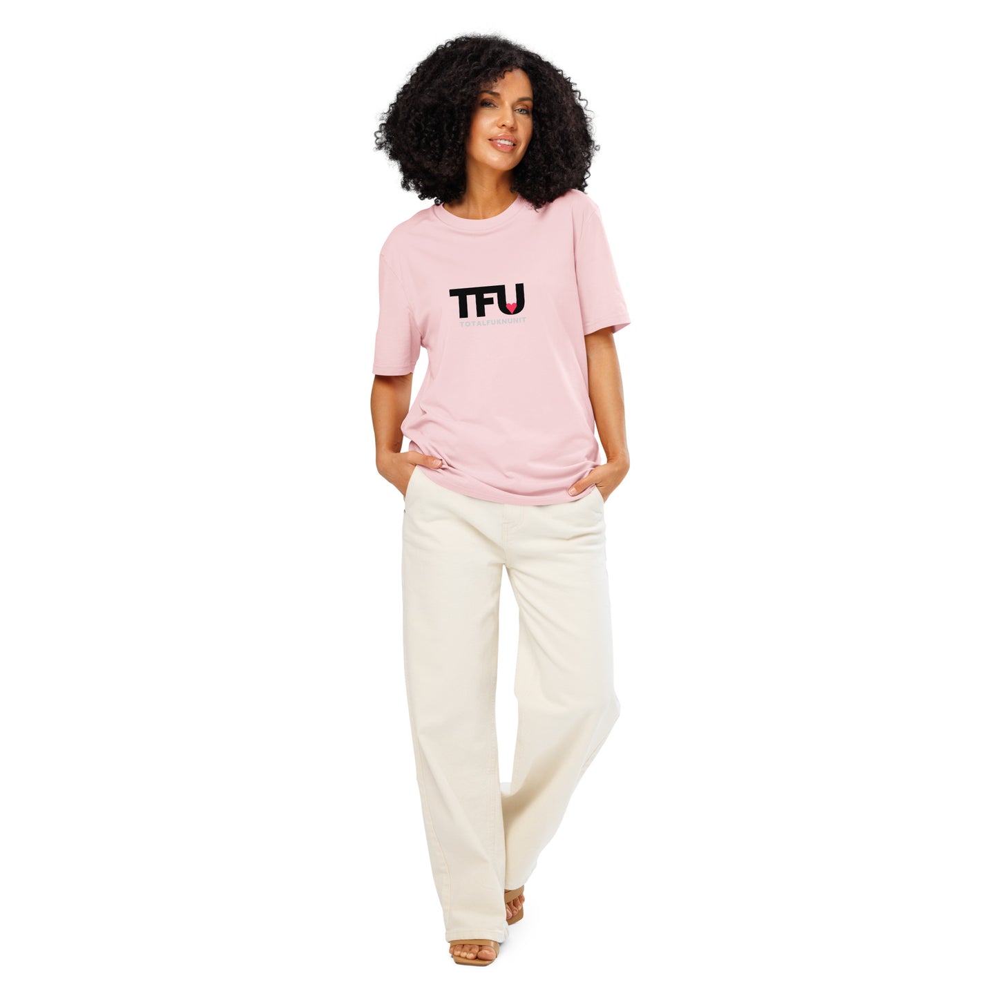 TFU Total Unit organic cotton Pink tee with red heart graphic – full view on female model