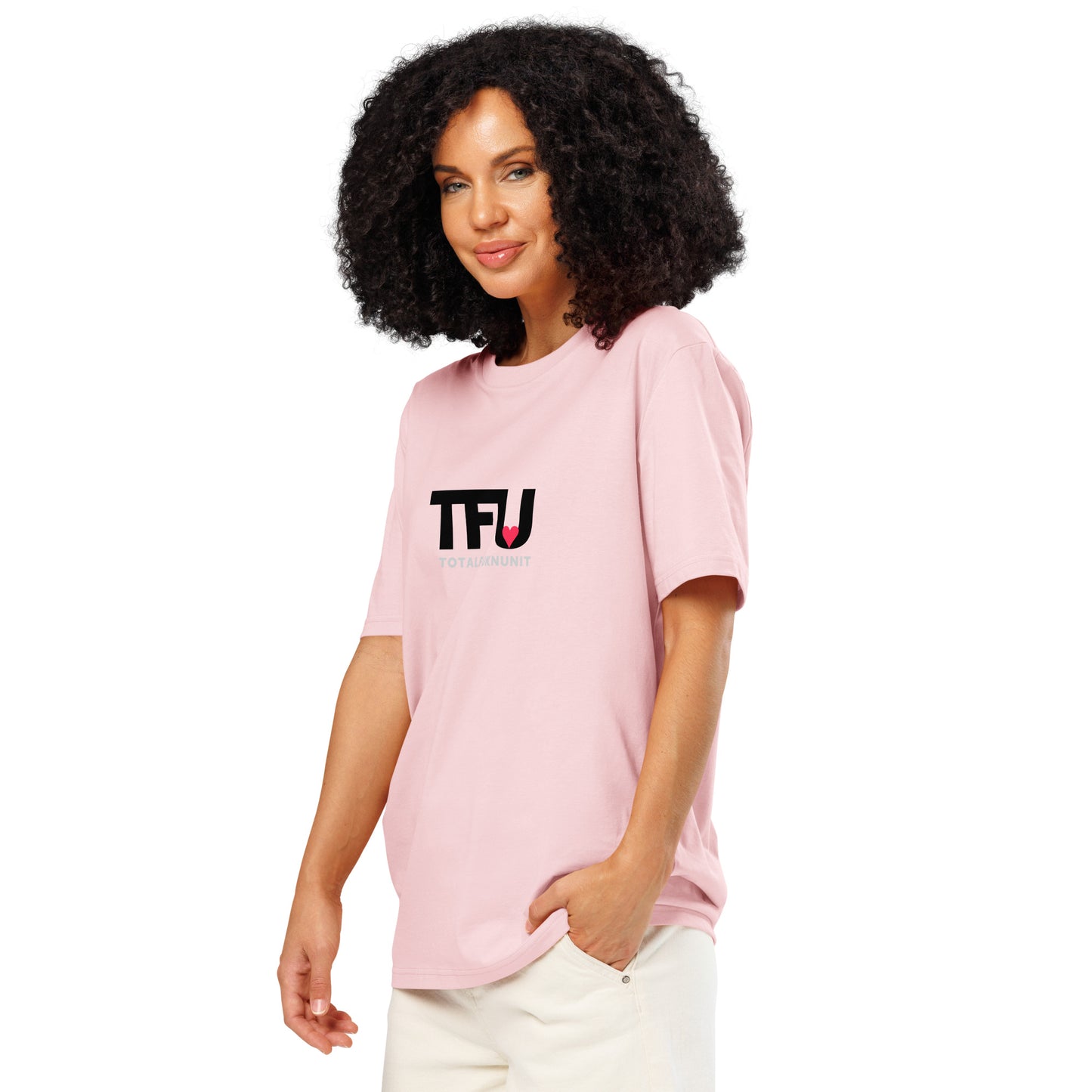 TFU Total Unit organic cotton Pink tee with red heart graphic – quarter turn on woman
