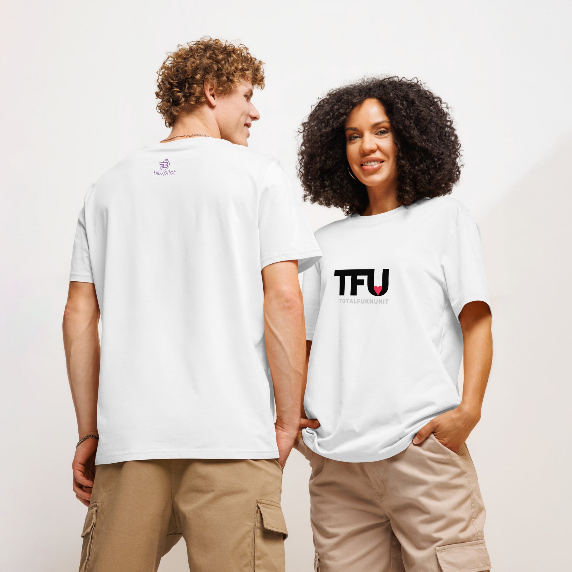 TFU Total Unit organic cotton whitek tee with red heart graphic – couple wearing front and back views