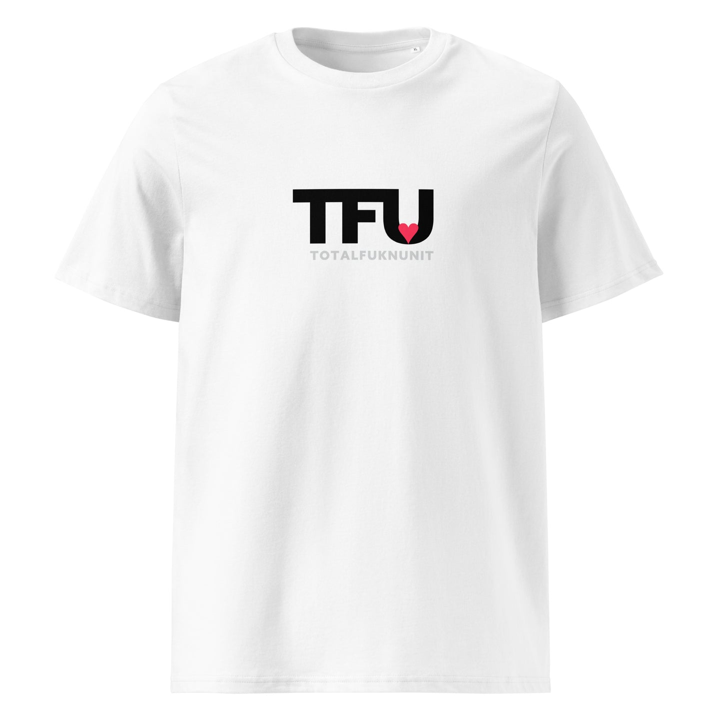TFU Total Unit organic cotton white tee with red heart graphic – front view