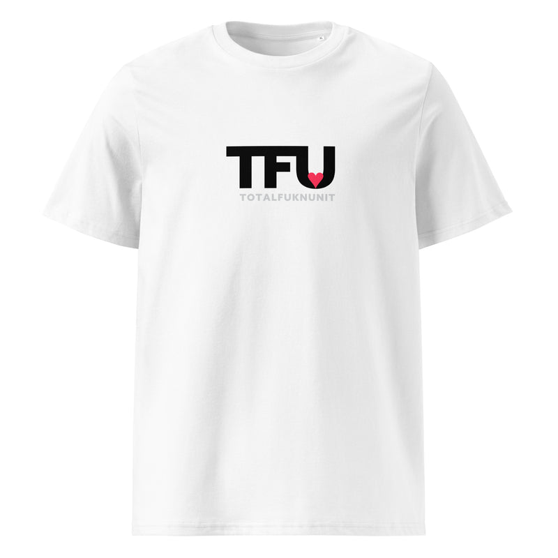 TFU Total Unit organic cotton white tee with red heart graphic – front view