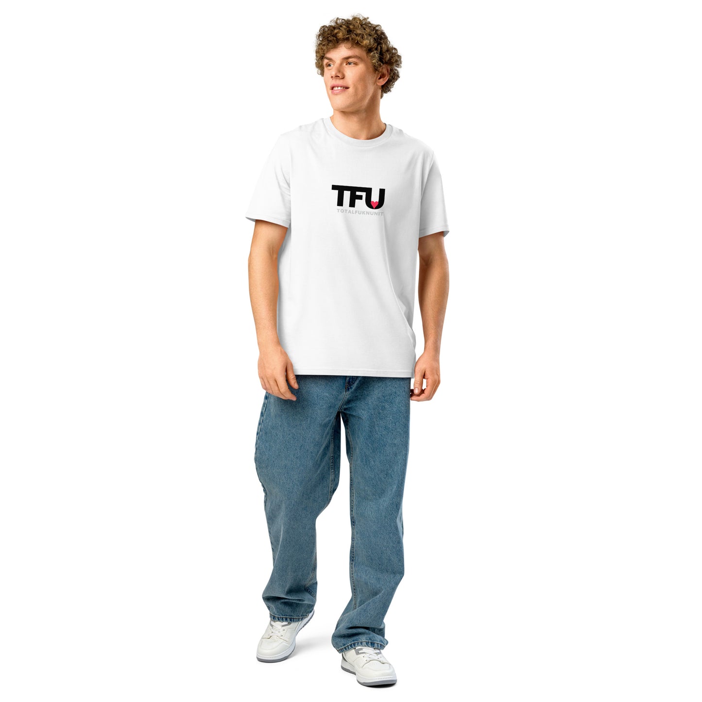 TFU Total Unit organic cotton white tee with red heart graphic – full view on male model
