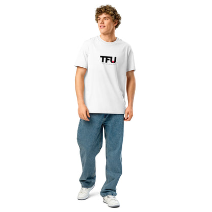 TFU Total Unit organic cotton white tee with red heart graphic – full view on male model