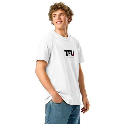 TFU Total Unit organic cotton white tee with red heart graphic – quarter turn on man