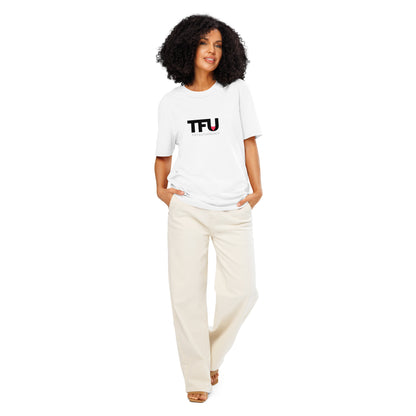 TFU Total Unit organic cotton white tee with red heart graphic – full view on female model
