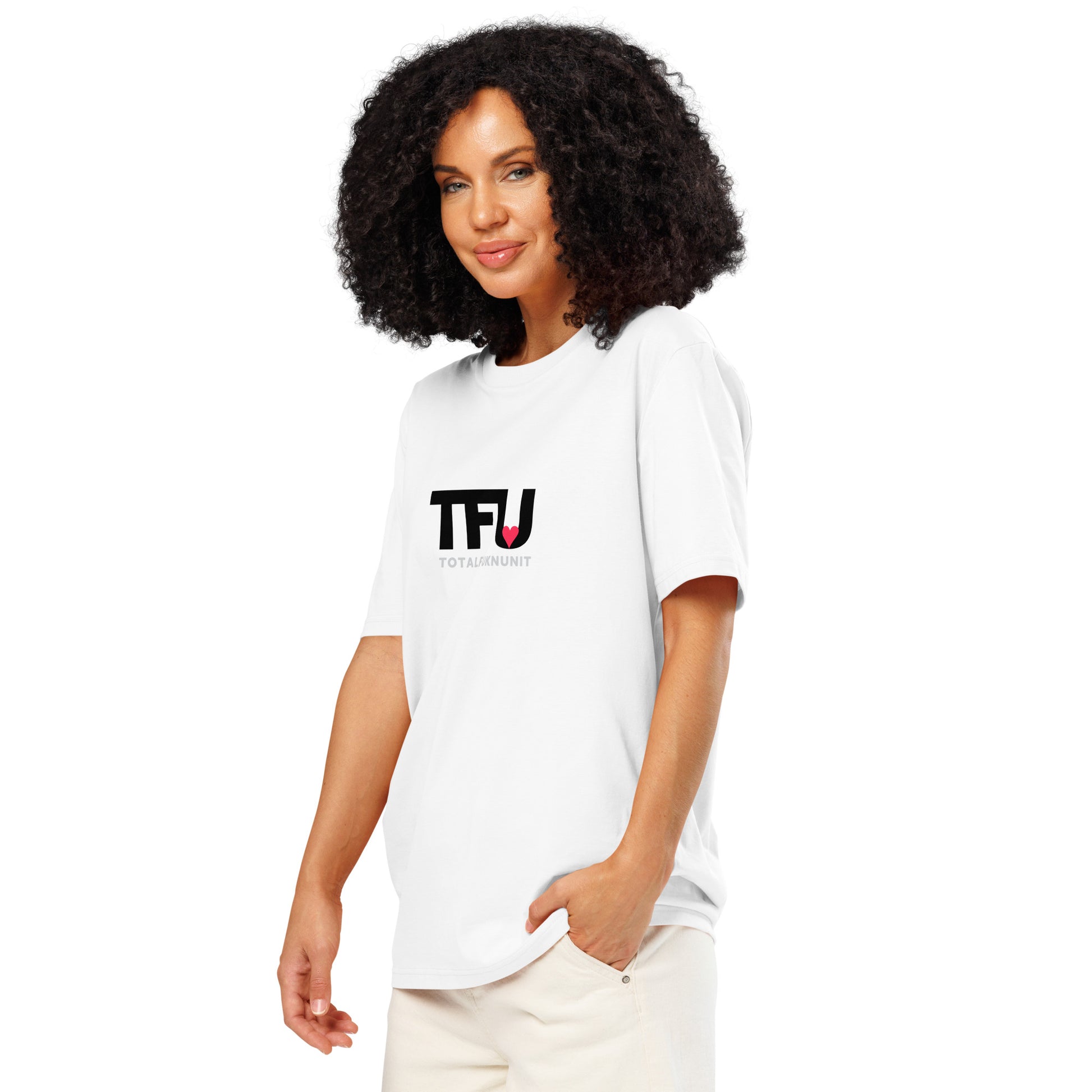 TFU Total Unit organic cotton white tee with red heart graphic – quarter turn on woman