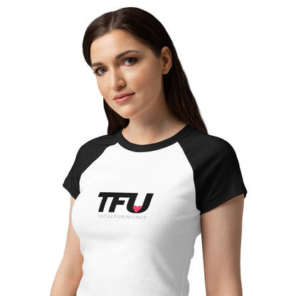 TFU Total Unit raglan baby tee in black and white with red heart graphic – front closeup view