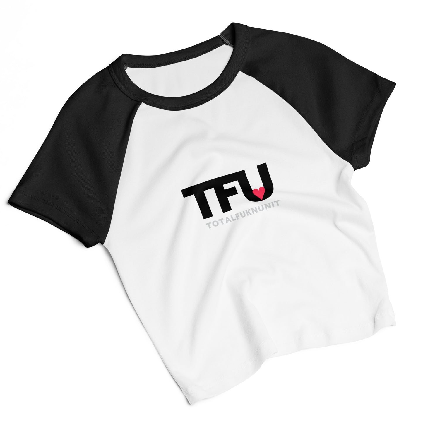 White baseball shirt with black sleeves featuring the 'TFU' logo on a white background