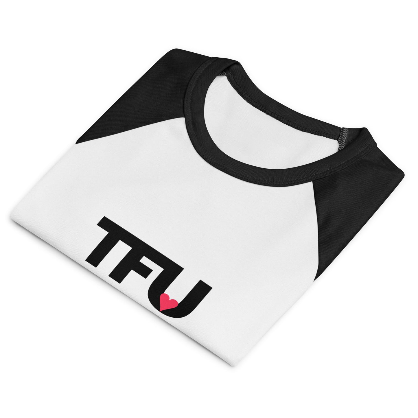 TFU Total Unit raglan baby tee in black and white with red heart graphic – front folded view