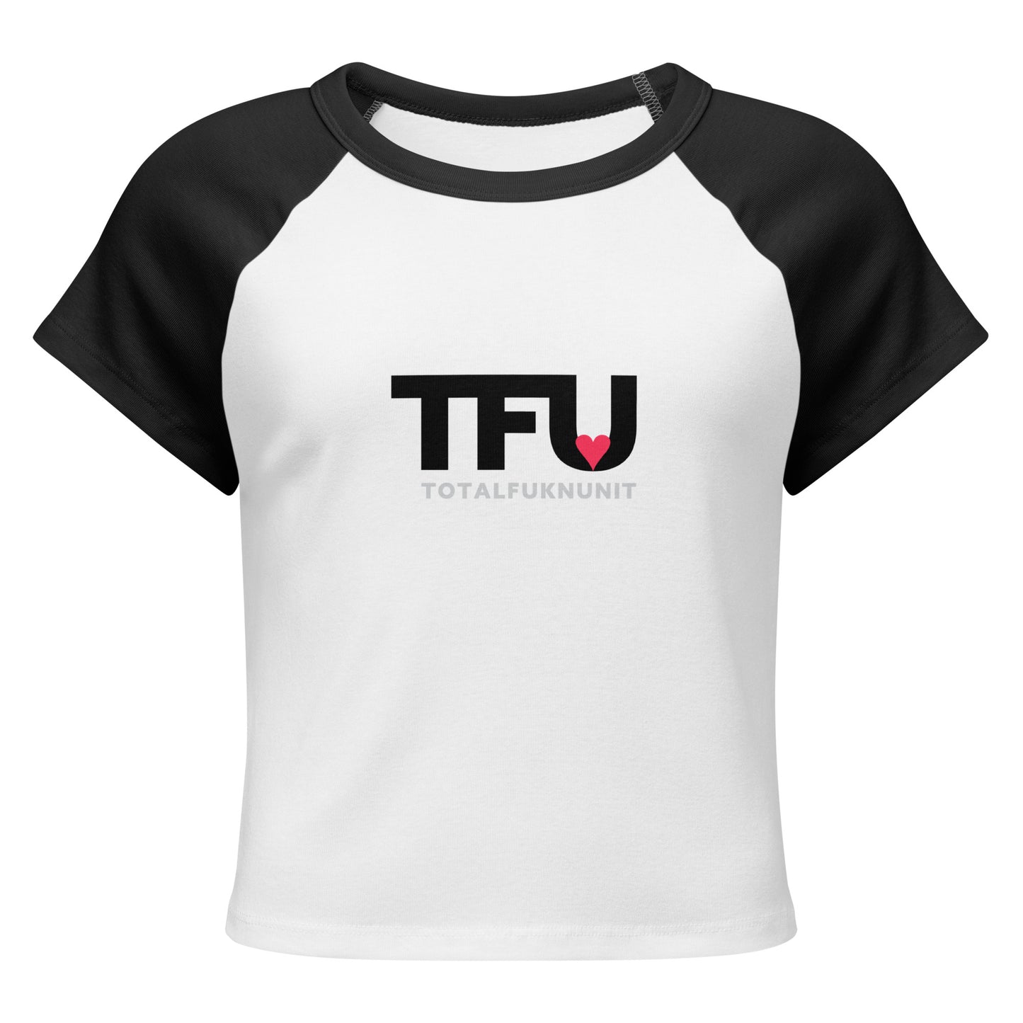 TFU Total Unit raglan baby tee in black and white with red heart graphic – front view
