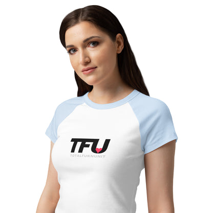 TFU Total Unit raglan baby tee in light blue and white with red heart graphic – front closeup view