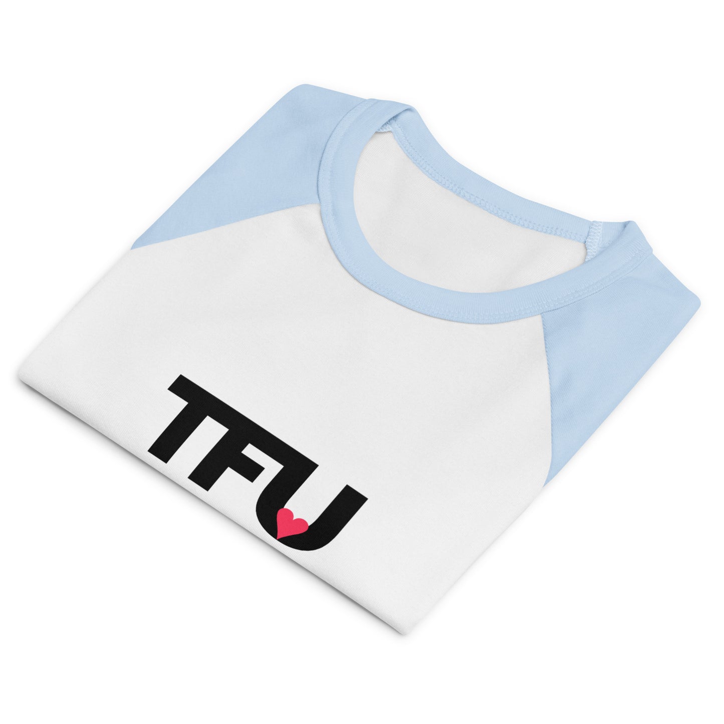 TFU Total Unit raglan baby tee in light blue and white with red heart graphic – front folded view