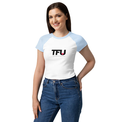 TFU Total Unit raglan baby tee in light blue and white with red heart graphic – front three quarter view