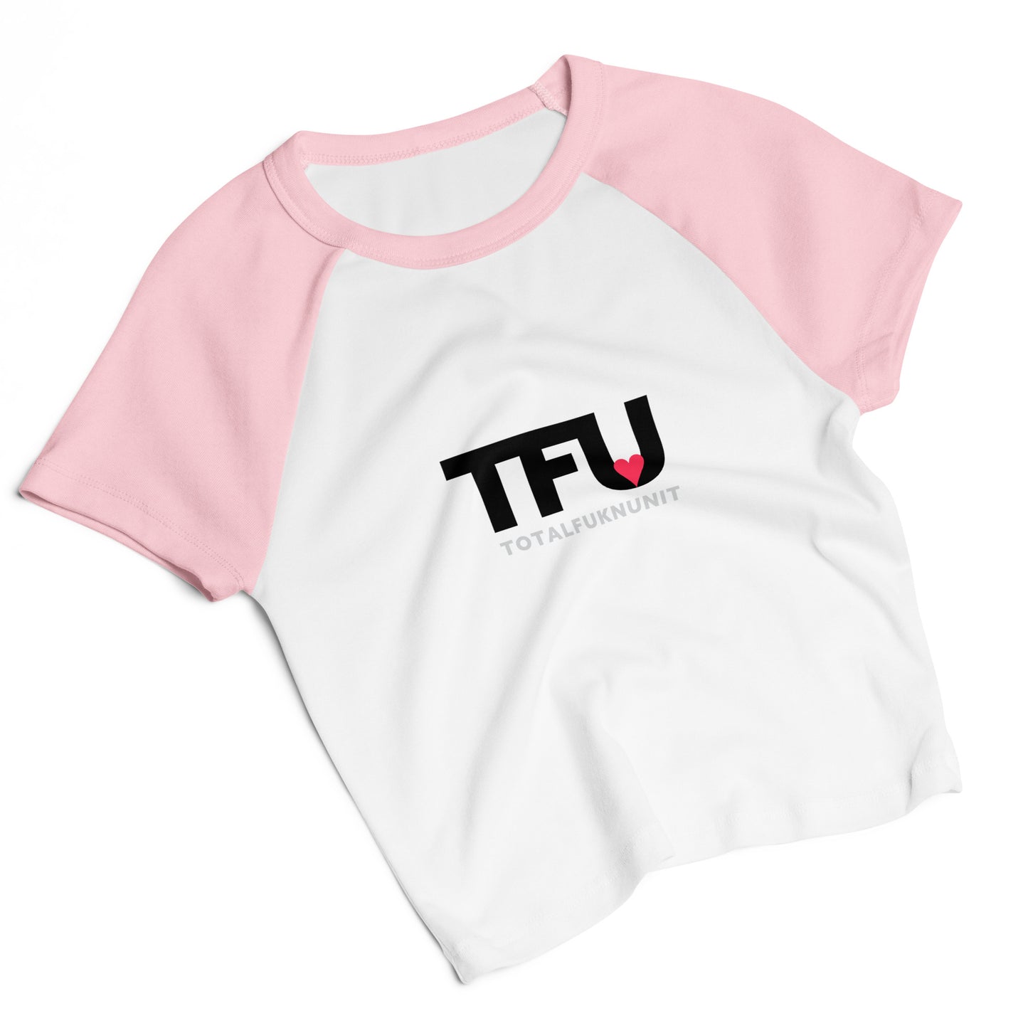 TFU Total Unit raglan baby tee in pink and white with red heart graphic – front flat view