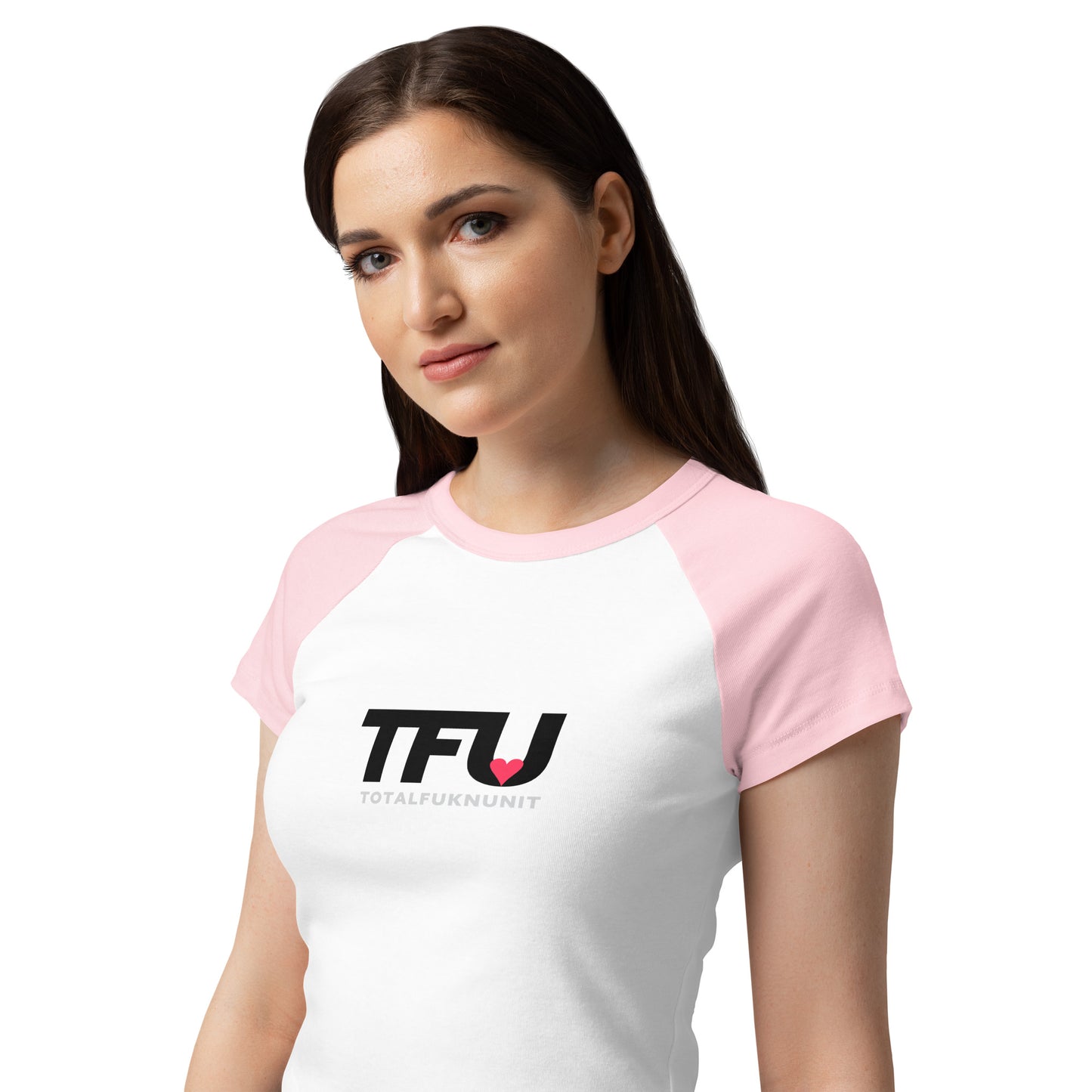 TFU Total Unit raglan baby tee in pink and white with red heart graphic – front closeup view