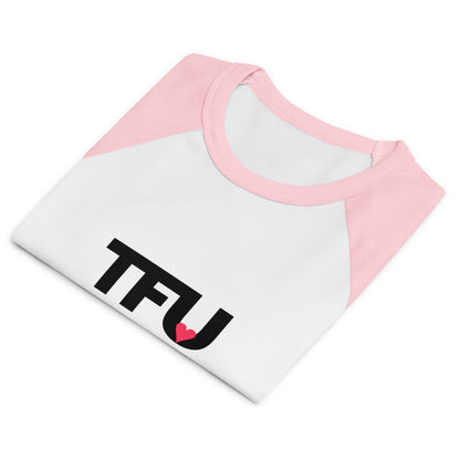 TFU Total Unit raglan baby tee in pink and white with red heart graphic – front folded view