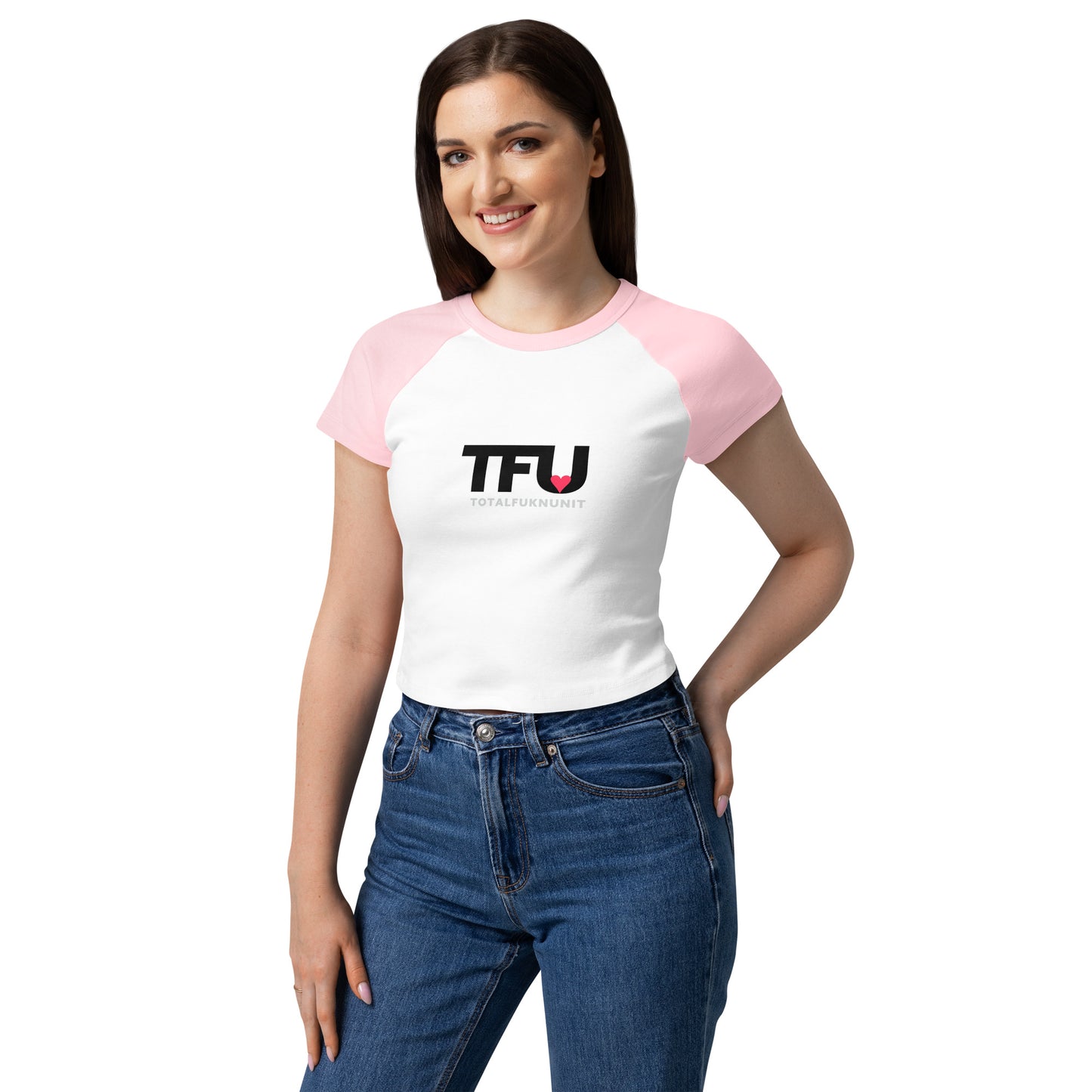 TFU Total Unit raglan baby tee in pink and white with red heart graphic – front three quarter view