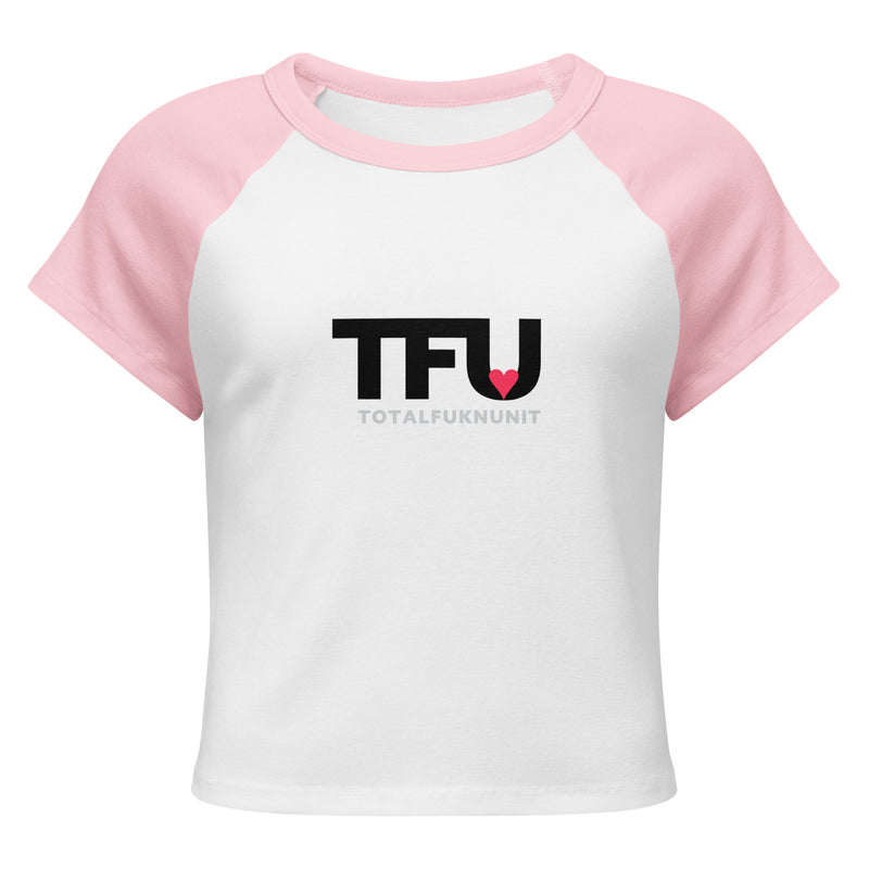 TFU Total Unit raglan baby tee in pink and white with red heart graphic – front view